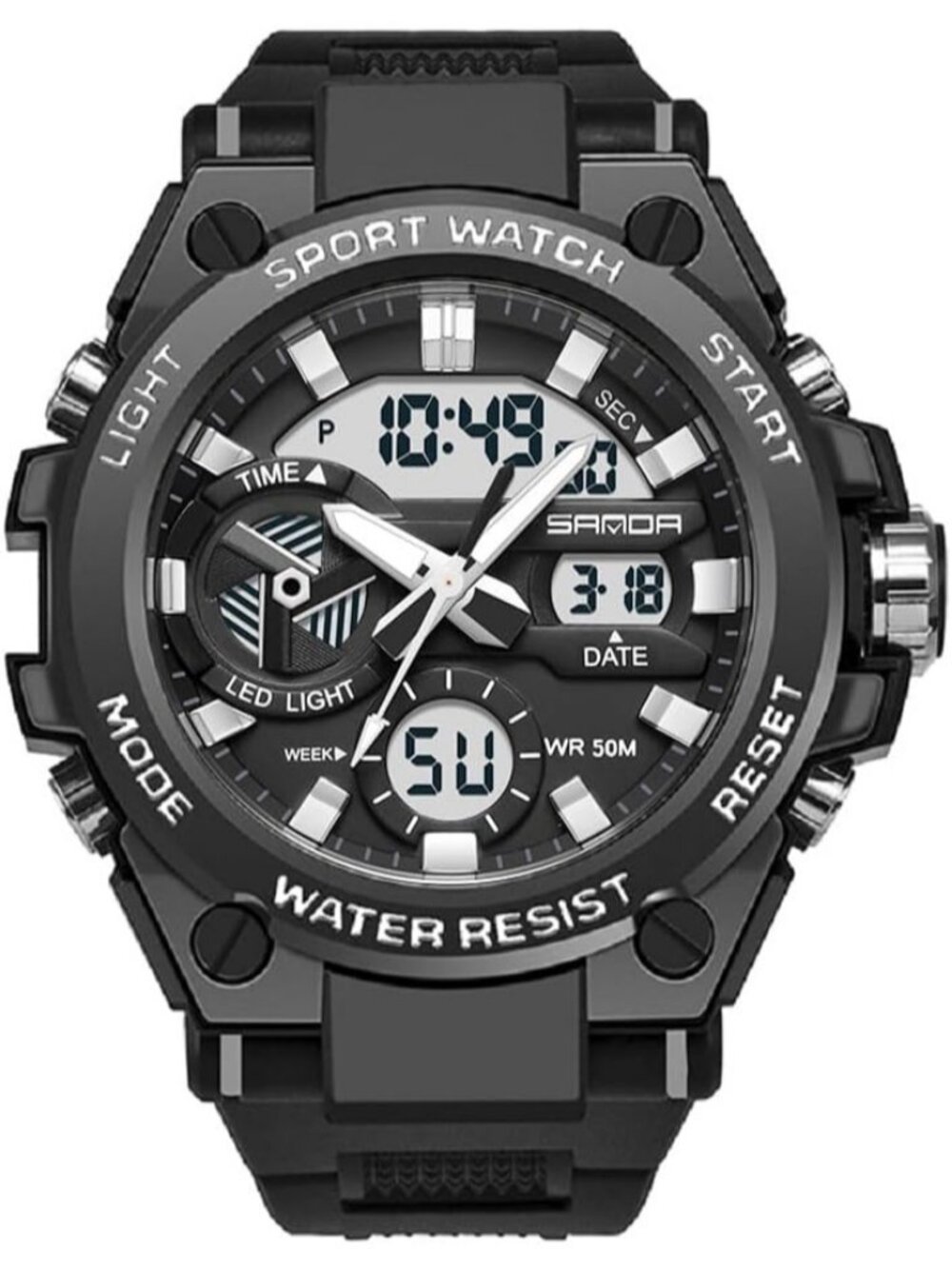 Men's Silver Grey Waterproof Military Multi Function Tactics LED Alarm Watches
